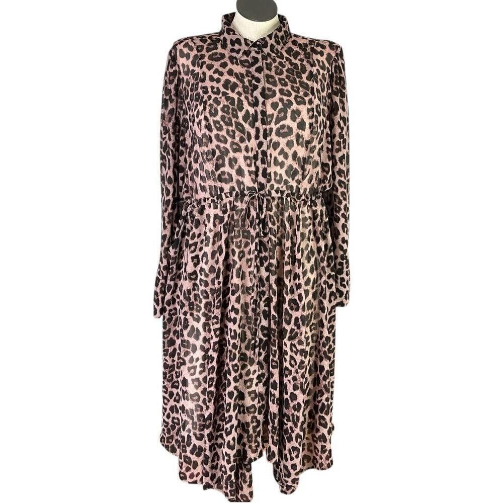Torrid Shirt Dress Women 3X Brown Black Leopard Chiffon Midi Hanky Hem Lined